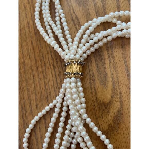 Vtg DELILLO Long Necklace Multi Strand Faux Pearl Beads String Knotted Signed - Picture 8 of 10